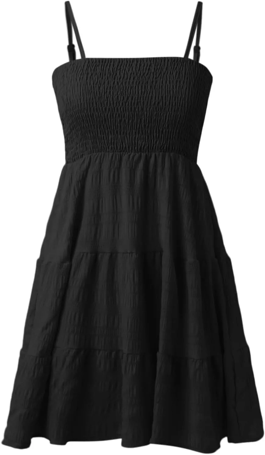 Summer Dresses for Women 2024 Spaghetti Strap Waist Ruffle Mini Dress Sleeveless Smocked Sundress A Line Tiered Dress