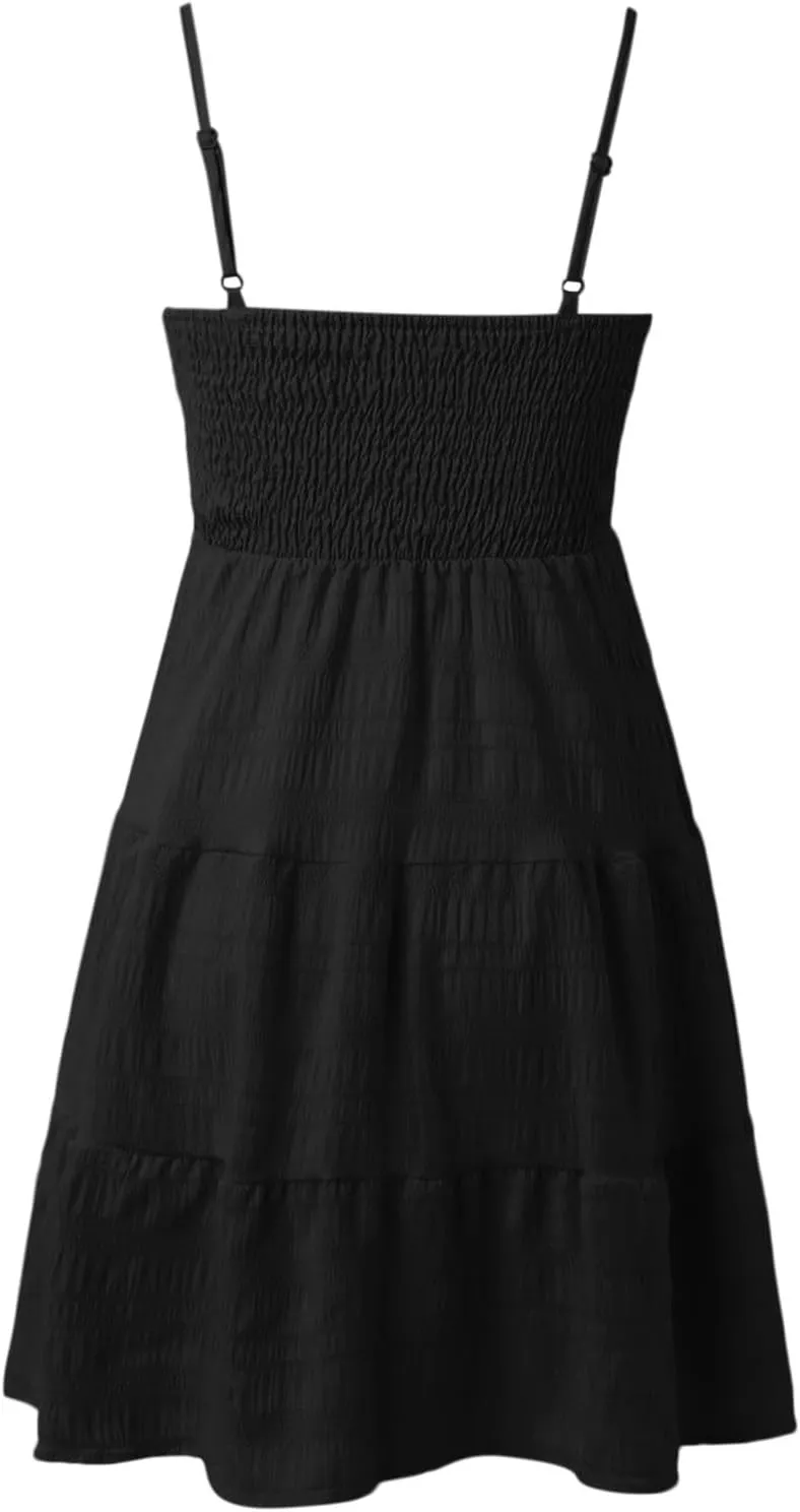 Summer Dresses for Women 2024 Spaghetti Strap Waist Ruffle Mini Dress Sleeveless Smocked Sundress A Line Tiered Dress