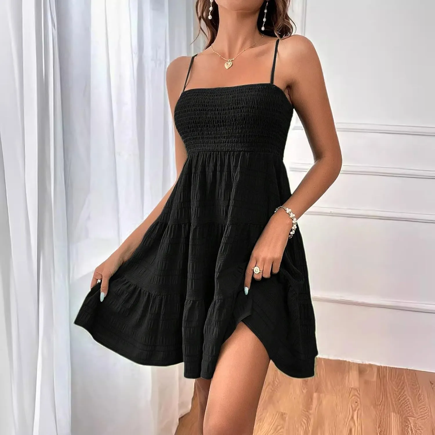 Summer Dresses for Women 2024 Spaghetti Strap Waist Ruffle Mini Dress Sleeveless Smocked Sundress A Line Tiered Dress