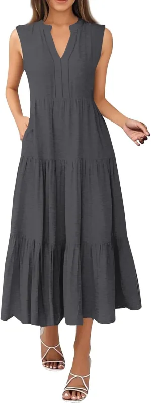 Summer Dresses for Women 2025 Casual Floral Boho Maxi Sundresses Sleeveless V Neck Pleated Beach Vacation Tank Dress