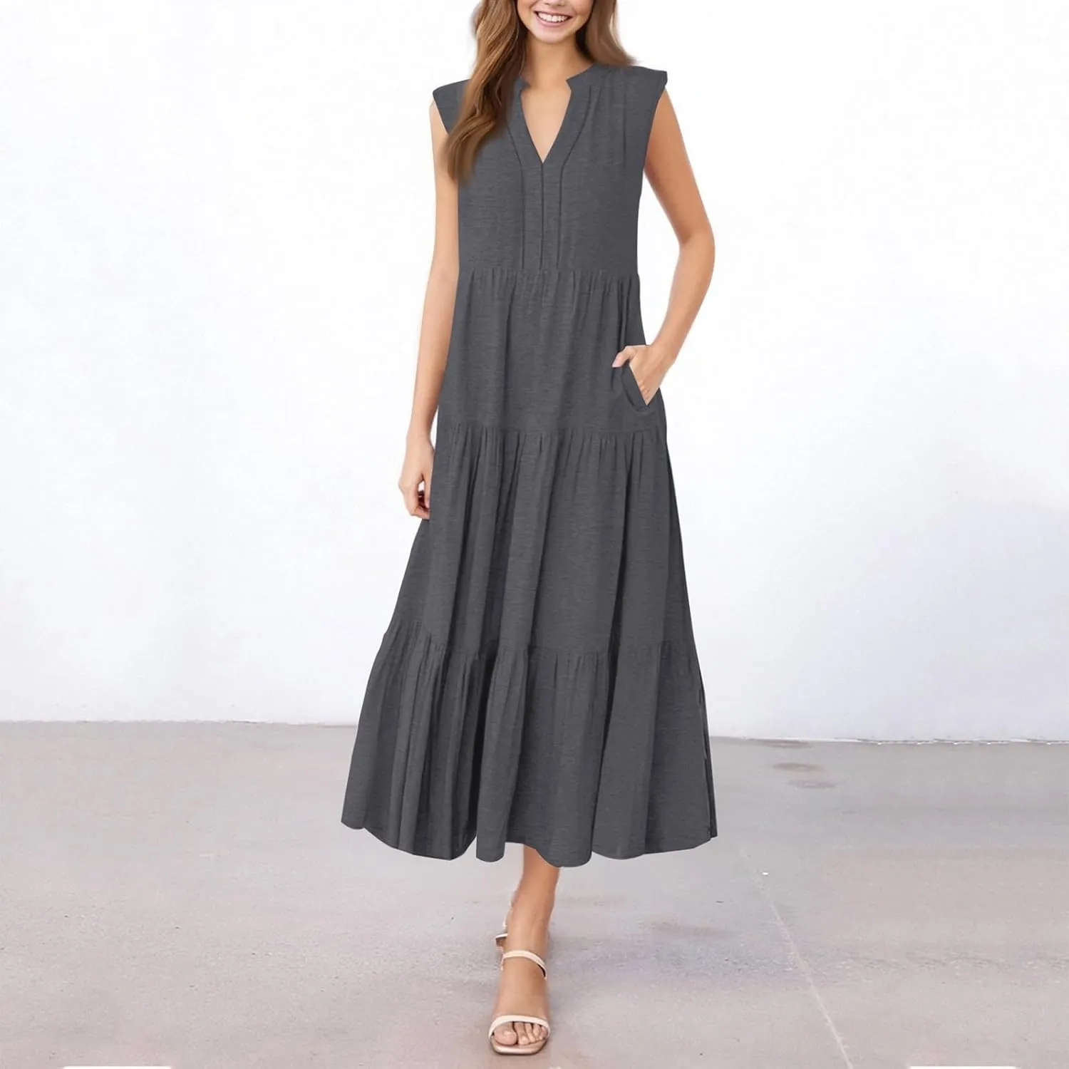 Summer Dresses for Women 2025 Casual Floral Boho Maxi Sundresses Sleeveless V Neck Pleated Beach Vacation Tank Dress