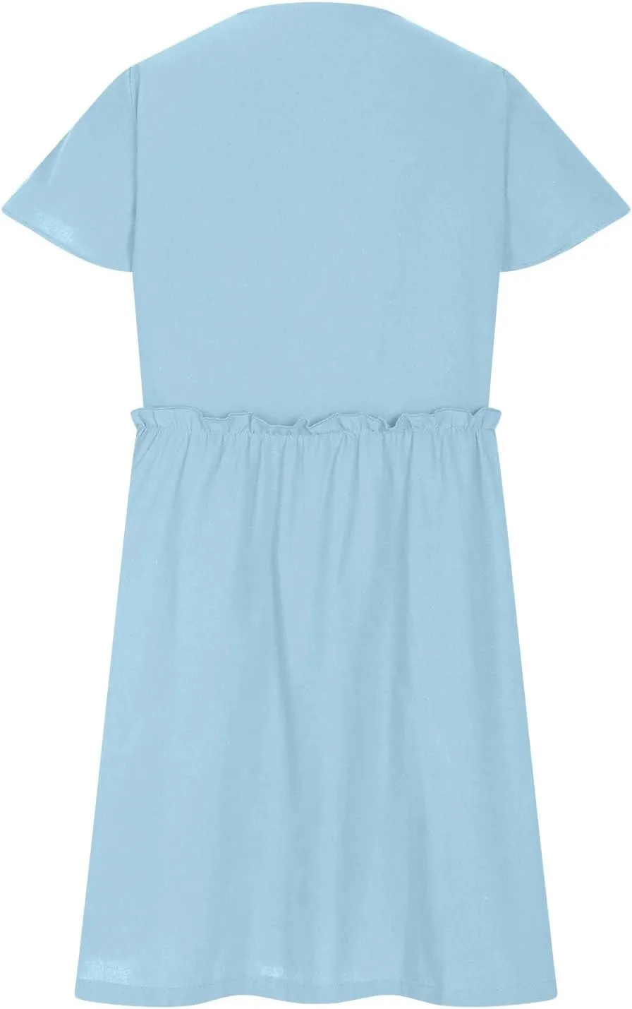 Summer Dresses for Women 2025 Casual Short Sleeve Beach Dress Fashion Loose Fit Crew Neck Solid Color Sundress