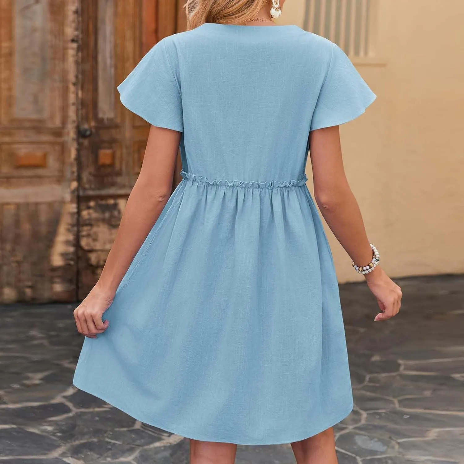 Summer Dresses for Women 2025 Casual Short Sleeve Beach Dress Fashion Loose Fit Crew Neck Solid Color Sundress