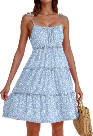 Summer Dresses for Women 2025 Casual Spaghetti Strap Sleeveless Boho Dress Tiered Ruffle Flowy Swing Mini Beach Sundress
