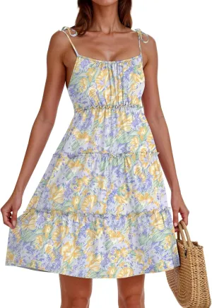 Summer Dresses for Women 2025 Casual Spaghetti Strap Sleeveless Boho Dress Tiered Ruffle Flowy Swing Mini Beach Sundress