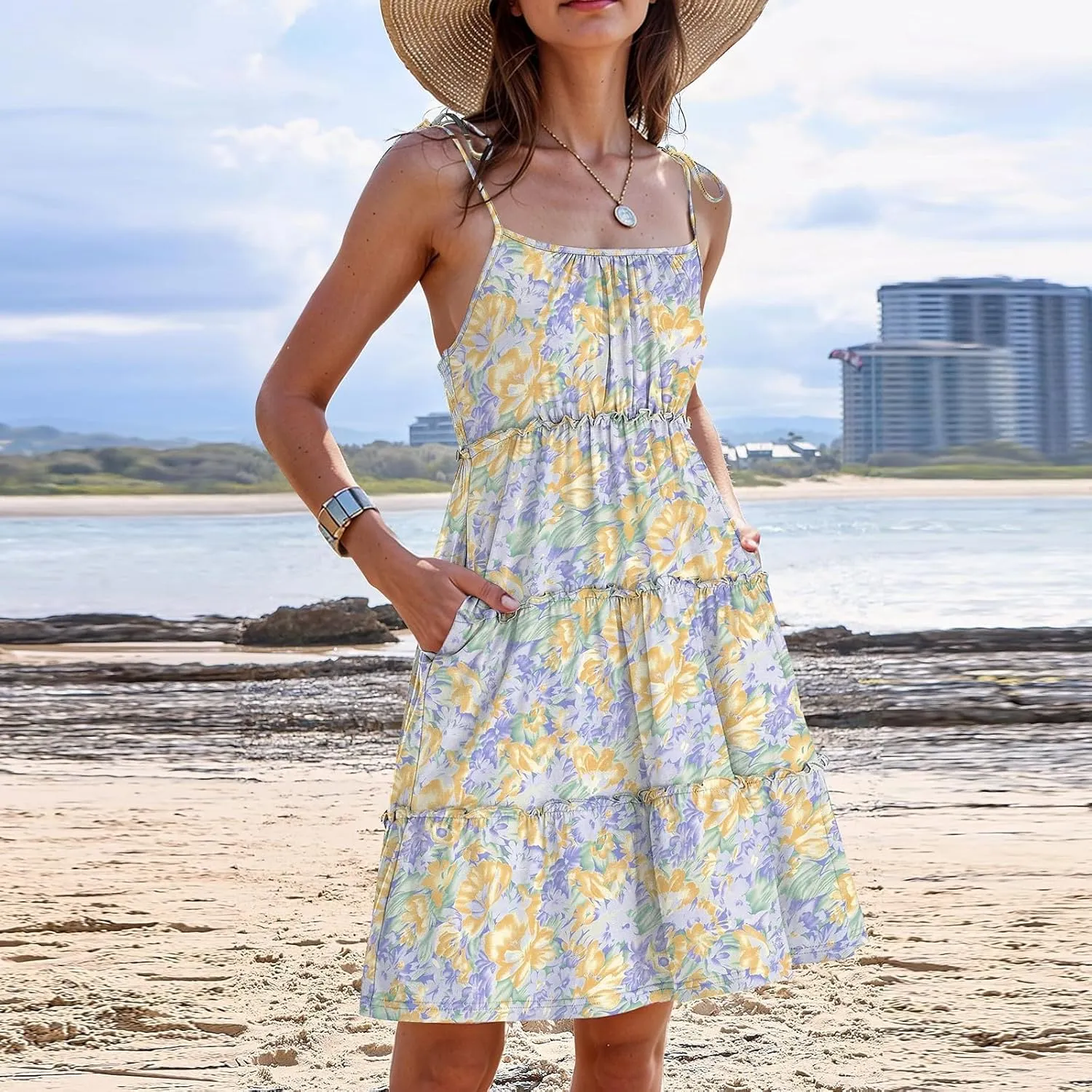 Summer Dresses for Women 2025 Casual Spaghetti Strap Sleeveless Boho Dress Tiered Ruffle Flowy Swing Mini Beach Sundress
