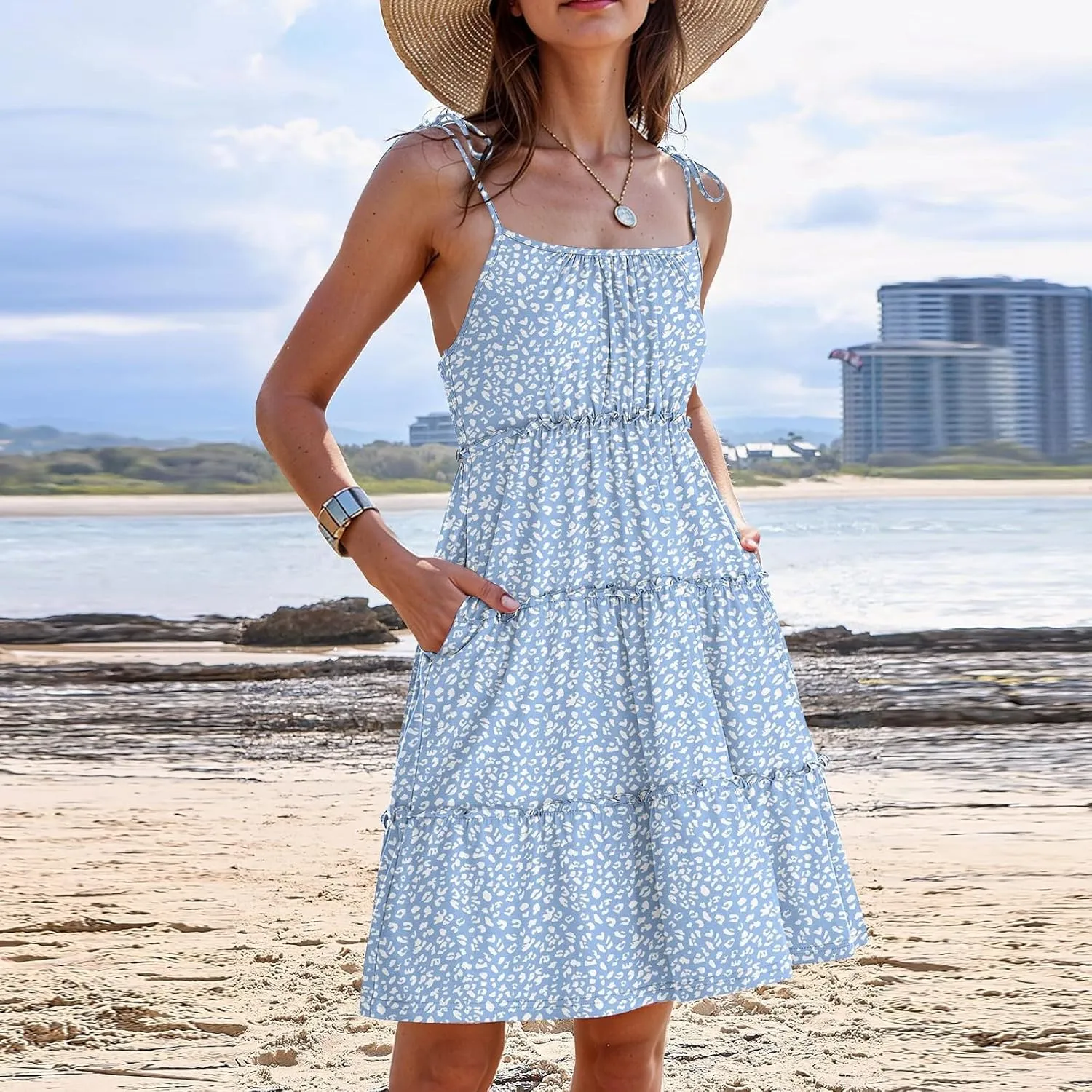 Summer Dresses for Women 2025 Casual Spaghetti Strap Sleeveless Boho Dress Tiered Ruffle Flowy Swing Mini Beach Sundress