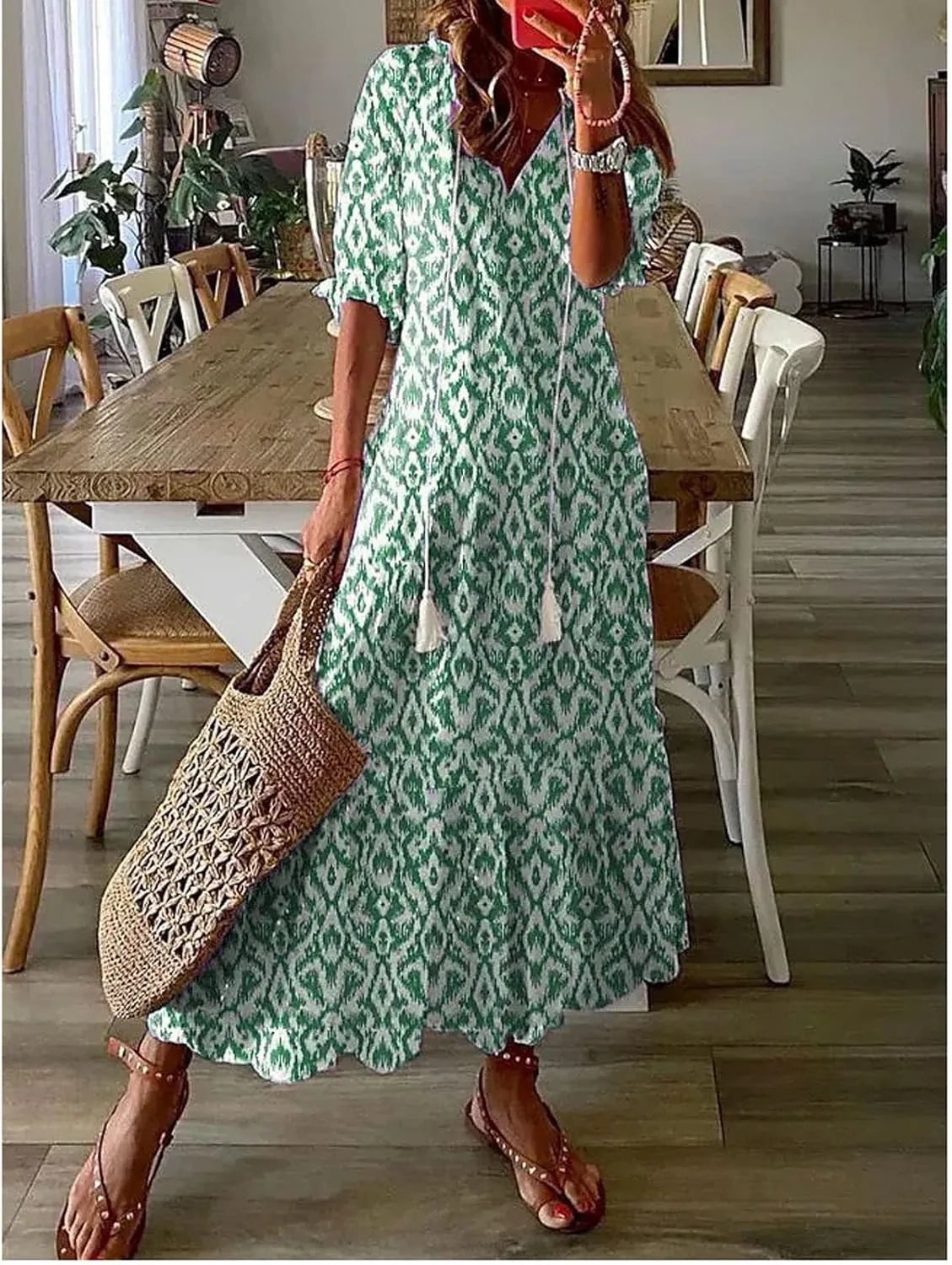 Summer Dresses for Women 2025 Half Sleeve V Neck Maxi Dress Boho Flowy Beach Vacation Sundress Casual Bohomian Dresses