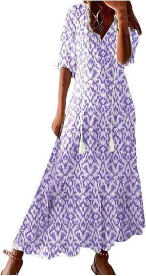 Summer Dresses for Women 2025 Half Sleeve V Neck Maxi Dress Boho Flowy Beach Vacation Sundress Casual Bohomian Dresses