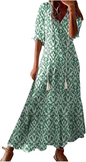 Summer Dresses for Women 2025 Half Sleeve V Neck Maxi Dress Boho Flowy Beach Vacation Sundress Casual Bohomian Dresses