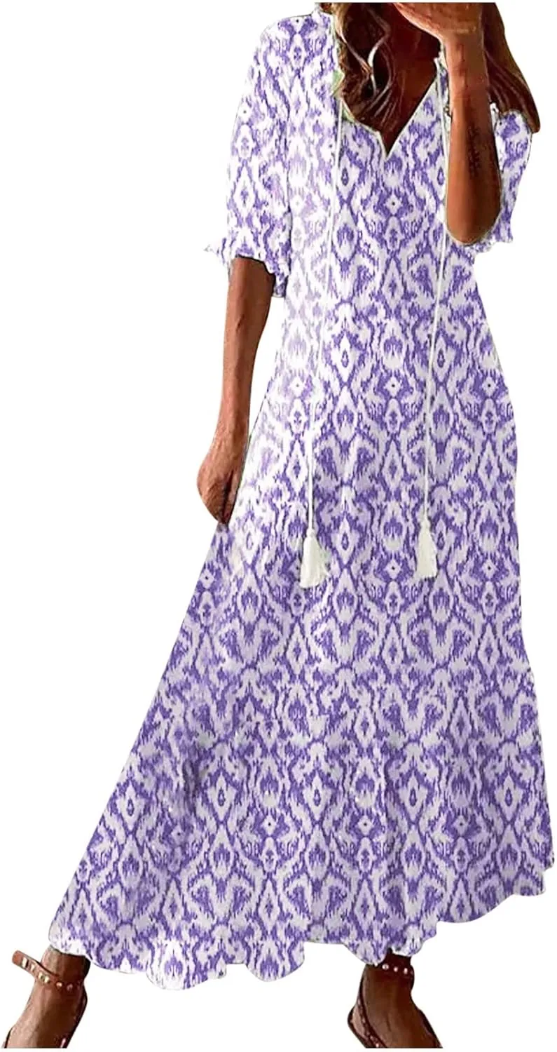 Summer Dresses for Women 2025 Half Sleeve V Neck Maxi Dress Boho Flowy Beach Vacation Sundress Casual Bohomian Dresses