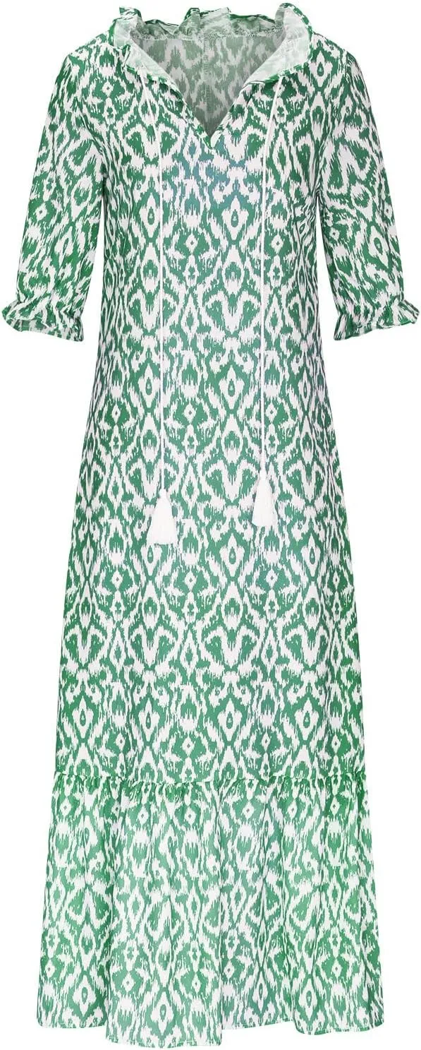 Summer Dresses for Women 2025 Half Sleeve V Neck Maxi Dress Boho Flowy Beach Vacation Sundress Casual Bohomian Dresses