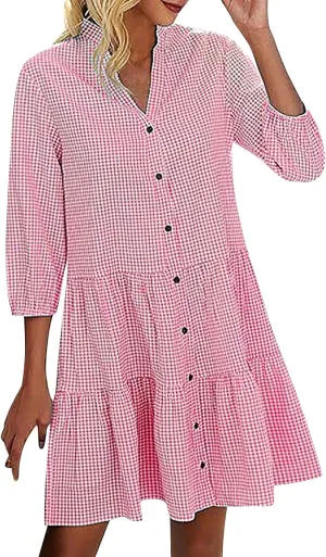 Summer Dresses for Women Casual 3/4 Sleeve Fashion Solid Plaid Shirt Dress Loose V-Neck Button Pleated Sundress