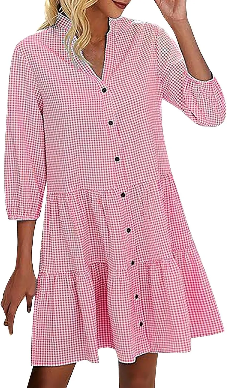 Summer Dresses for Women Casual 3/4 Sleeve Fashion Solid Plaid Shirt Dress Loose V-Neck Button Pleated Sundress