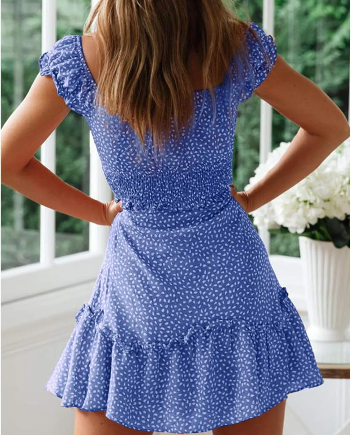 Summer Mini Dress for Women Sexy Lace Up U Neck Short Sleeve Mini Dresses Trendy Slim Floral Tunic Ruffle Hem Dress