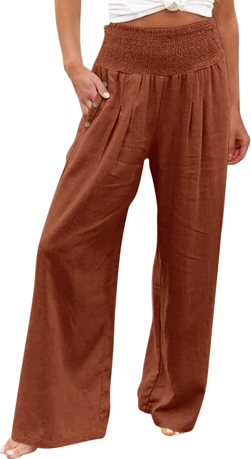 Summer Pants for Women Trendy 2024 High Waist Wide Leg Palazzo Pant Casual Loose Cotton Linen Lounge Trousers