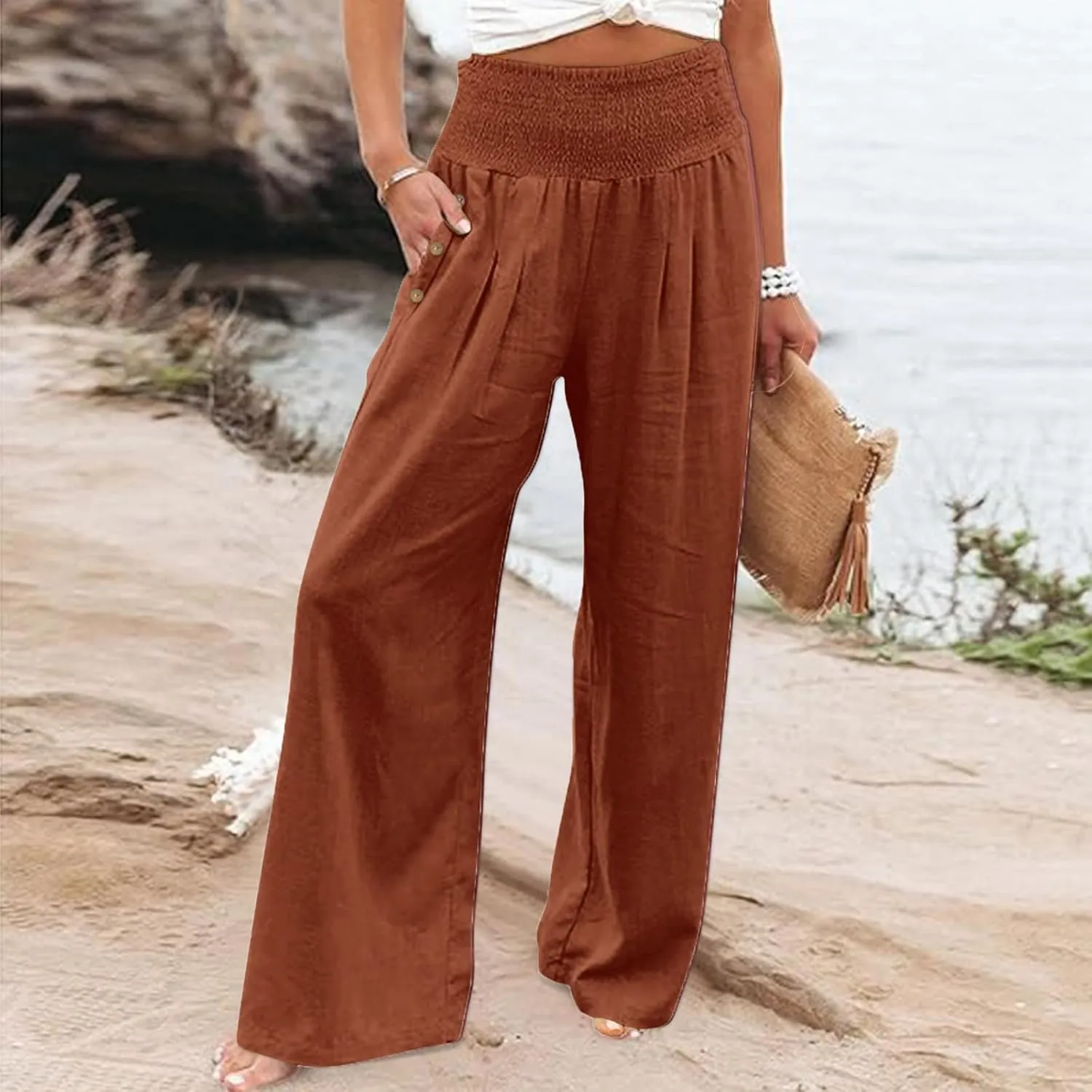Summer Pants for Women Trendy 2024 High Waist Wide Leg Palazzo Pant Casual Loose Cotton Linen Lounge Trousers