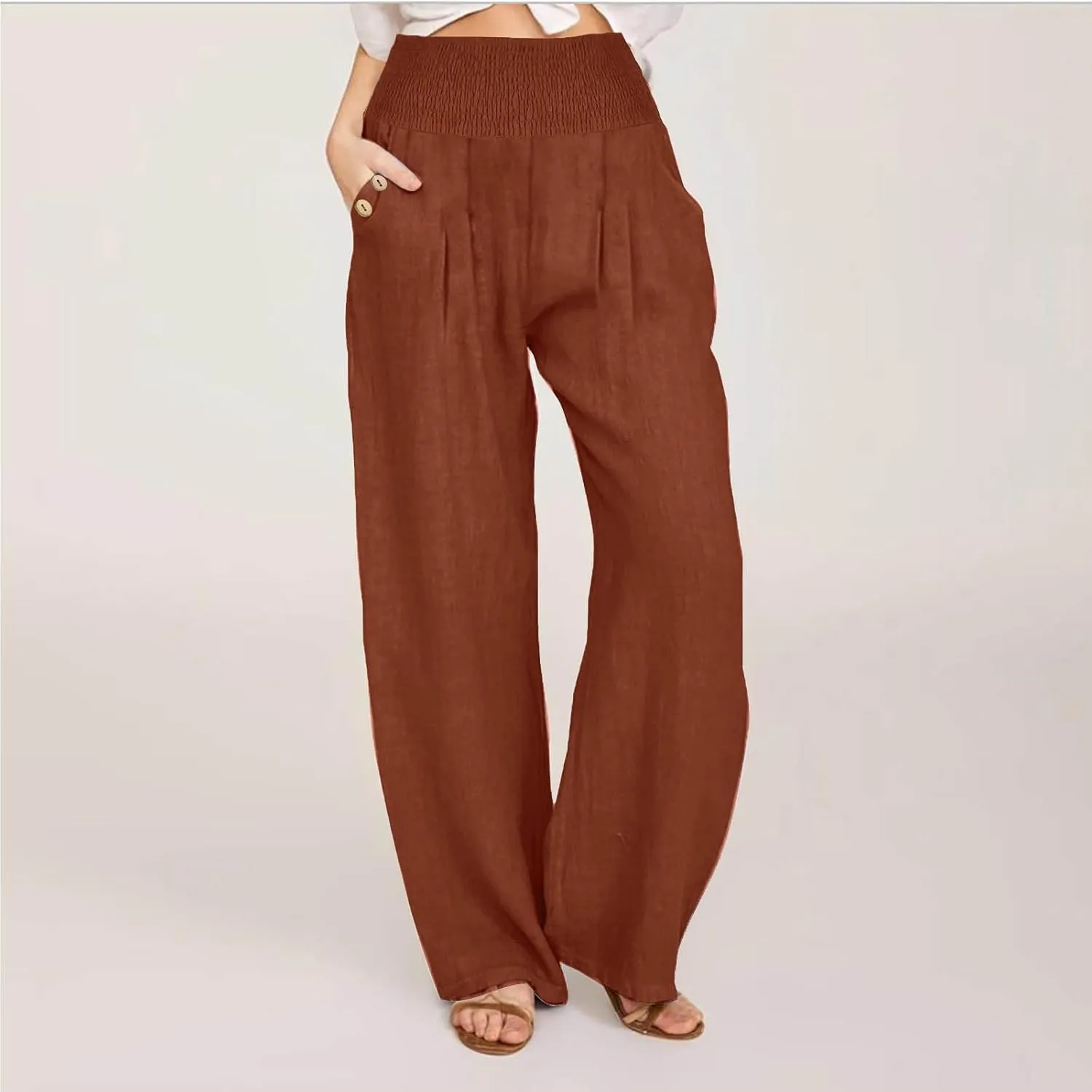 Summer Pants for Women Trendy 2024 High Waist Wide Leg Palazzo Pant Casual Loose Cotton Linen Lounge Trousers