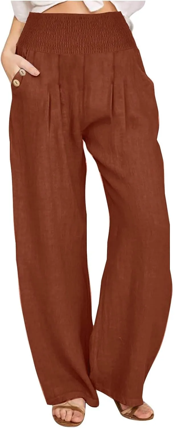 Summer Pants for Women Trendy 2024 High Waist Wide Leg Palazzo Pant Casual Loose Cotton Linen Lounge Trousers