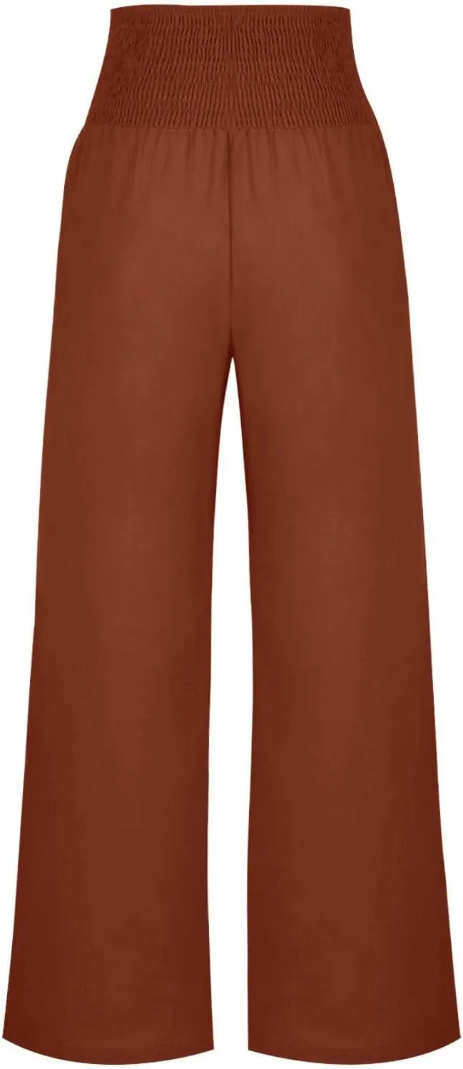 Summer Pants for Women Trendy 2024 High Waist Wide Leg Palazzo Pant Casual Loose Cotton Linen Lounge Trousers