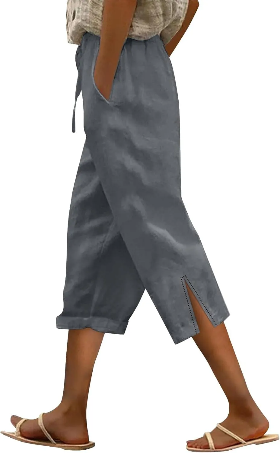 Summer Pants Women Linen Capris for Women 2025 Solid Color Wide Leg Loose Drawstring Elastic Waist Cropped Trousers
