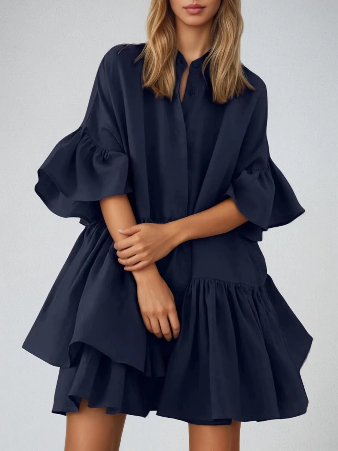 Summer Ruffle Midi Dress for Women Boho Half Sleeve Button Down Asymmetric Casual Flowy Beach Vacation Shirt Dress