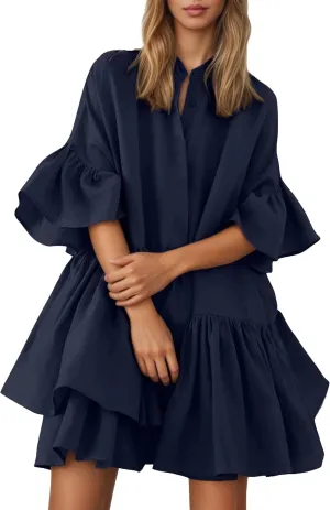 Summer Ruffle Midi Dress for Women Boho Half Sleeve Button Down Asymmetric Casual Flowy Beach Vacation Shirt Dress