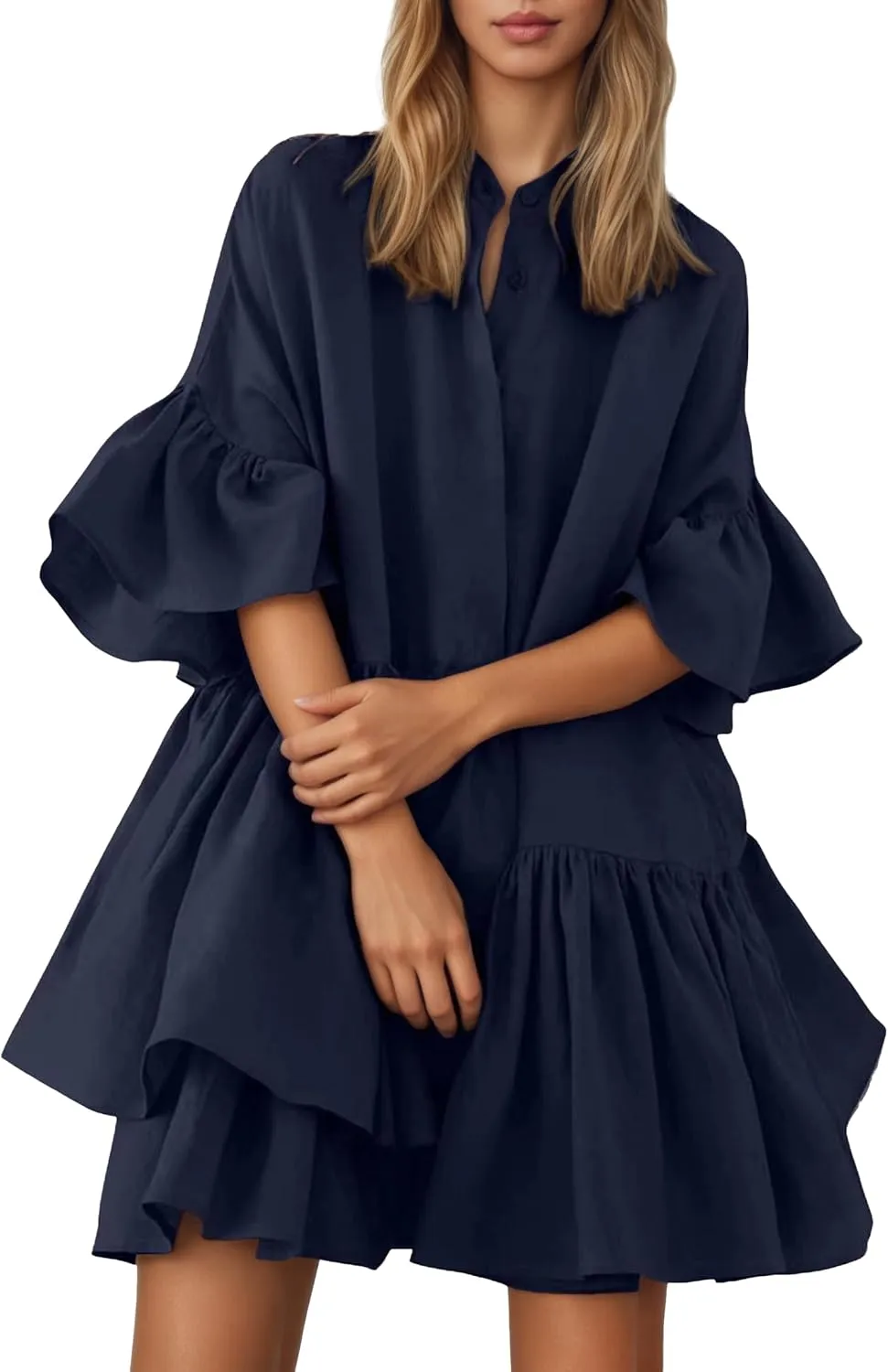 Summer Ruffle Midi Dress for Women Boho Half Sleeve Button Down Asymmetric Casual Flowy Beach Vacation Shirt Dress