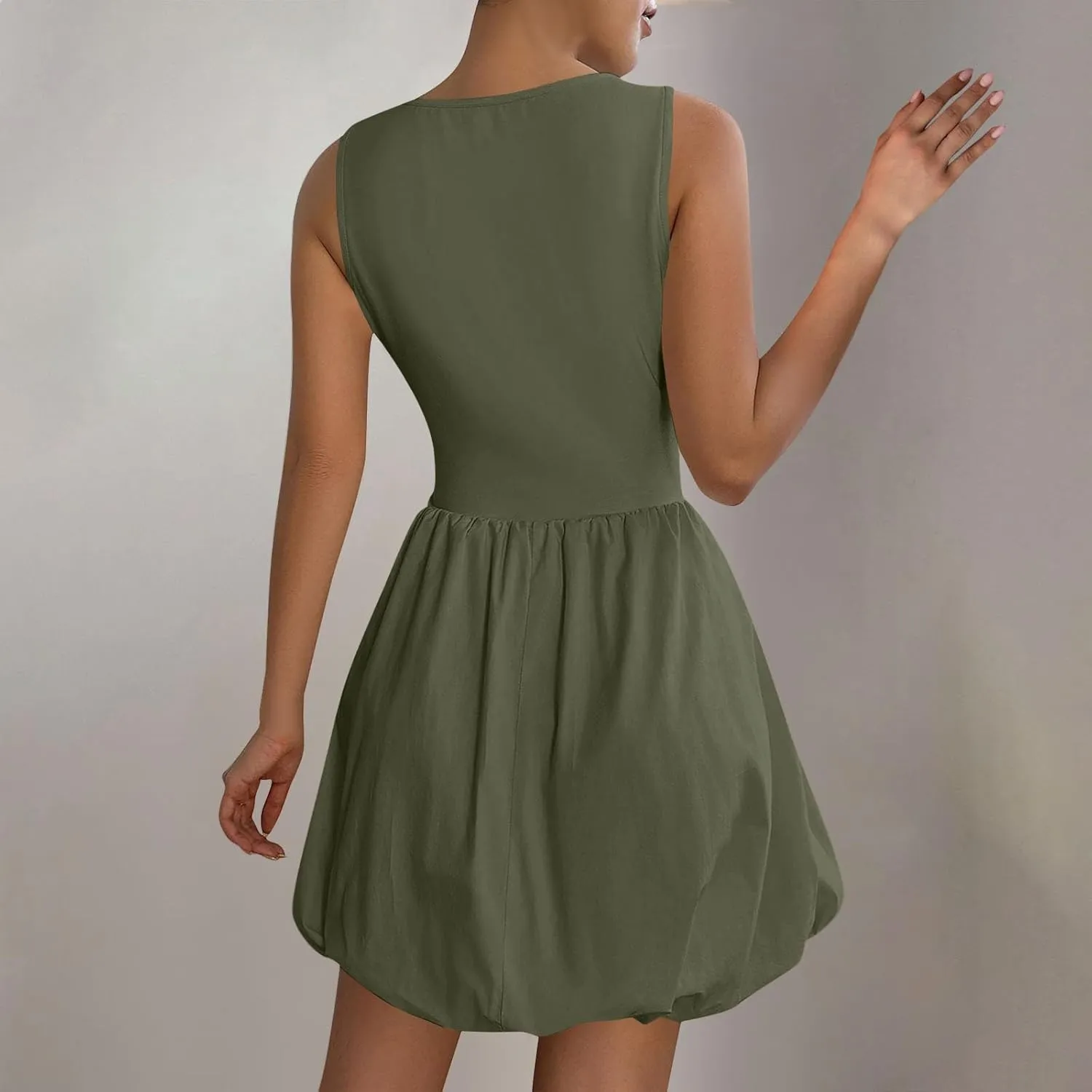 Sundresses for Women 2025 Casual Summer Boho Sleeveless Pleated Bubble Crewneck Short Tshirt Dress with Pockets