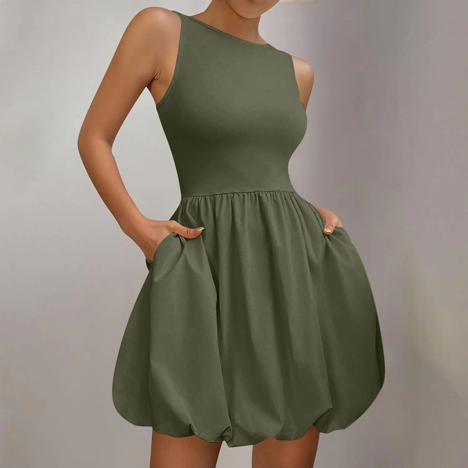 Sundresses for Women 2025 Casual Summer Boho Sleeveless Pleated Bubble Crewneck Short Tshirt Dress with Pockets
