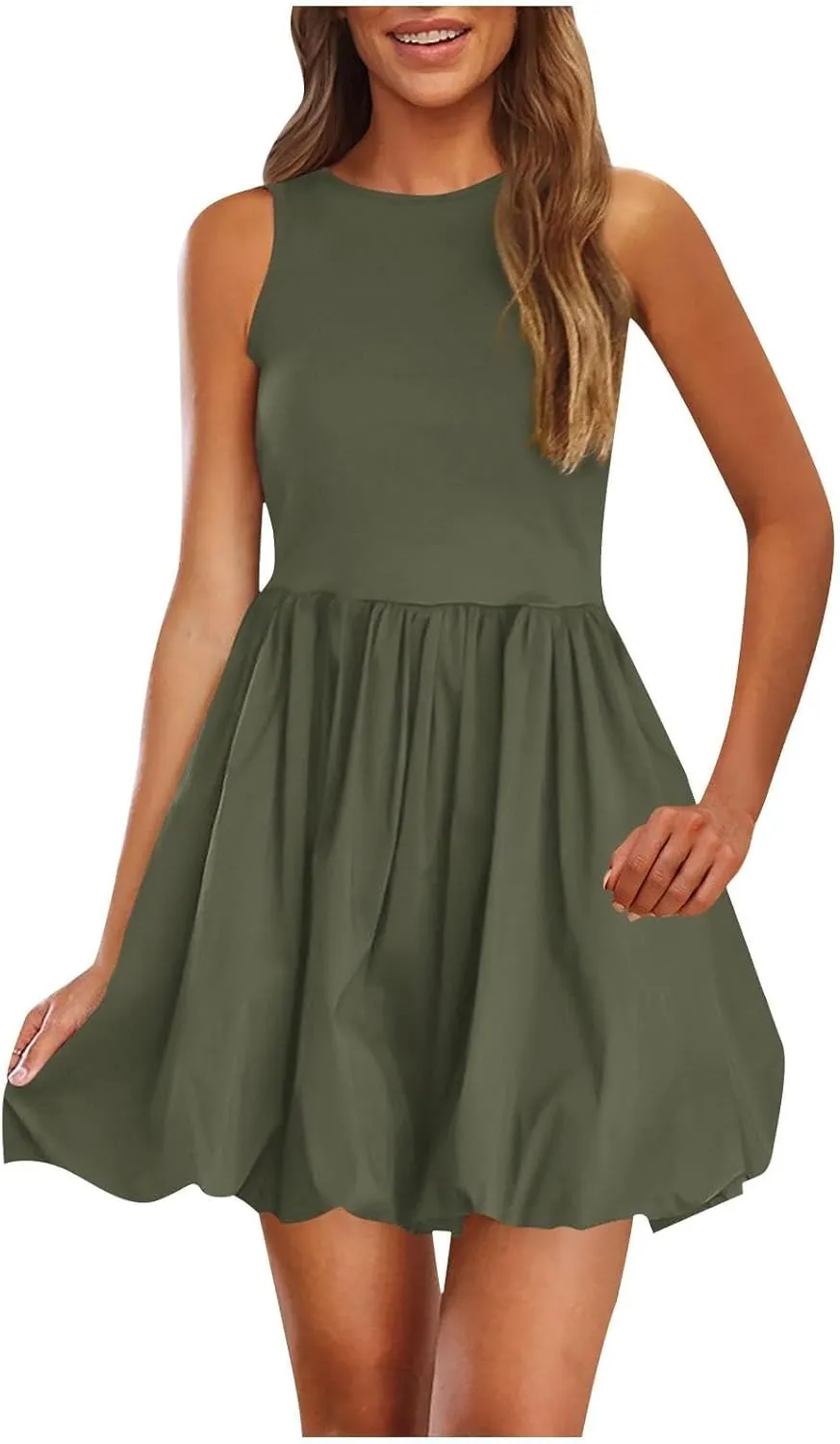 Sundresses for Women 2025 Casual Summer Boho Sleeveless Pleated Bubble Crewneck Short Tshirt Dress with Pockets