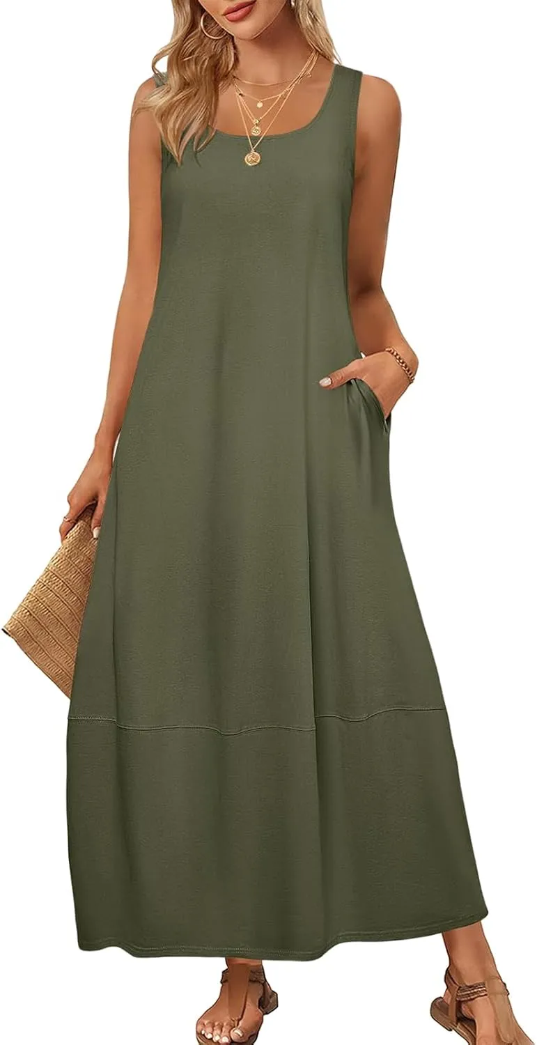 Sundresses for Women 2025 Vacation Casual Summer Beach Dress Scoop Neck Sleeveless Tank Dress Loose Maxi Dresses