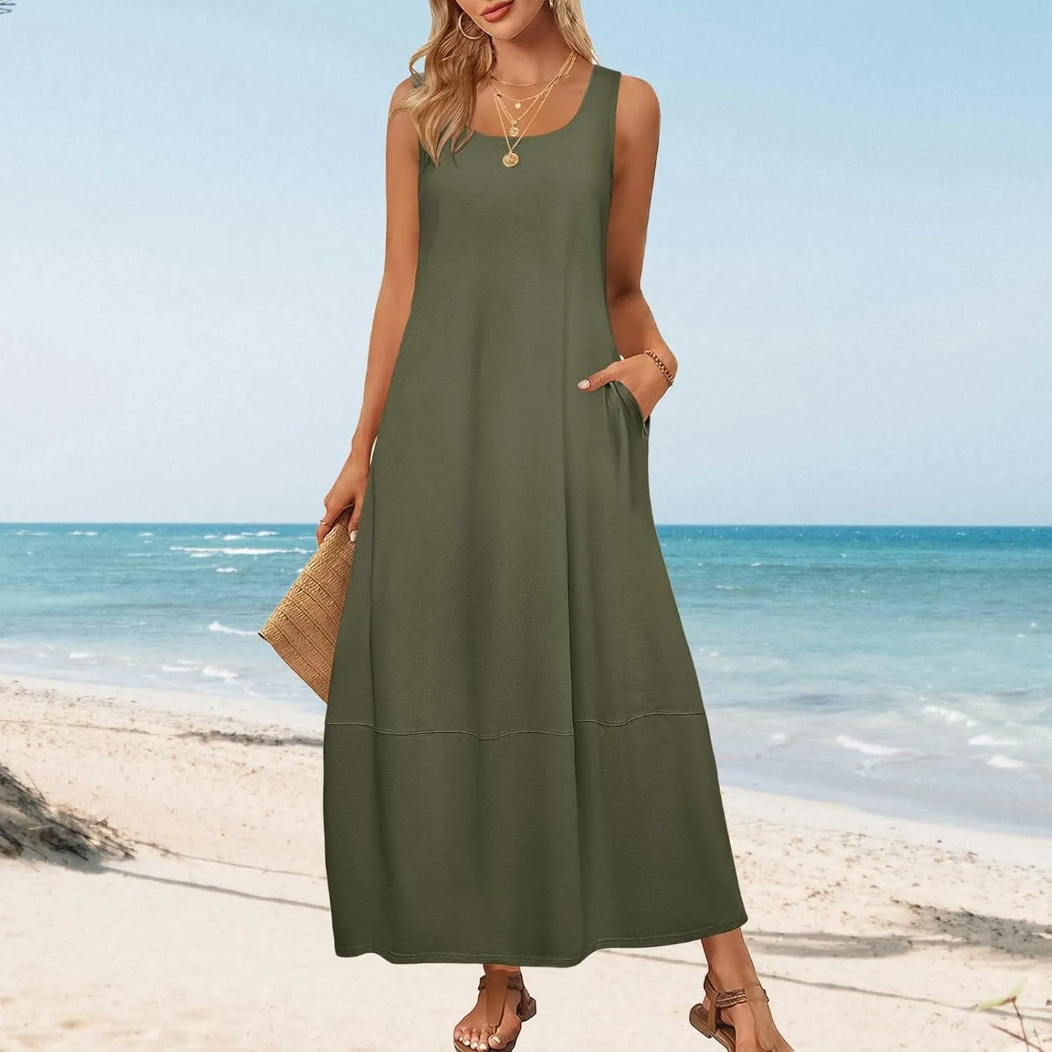 Sundresses for Women 2025 Vacation Casual Summer Beach Dress Scoop Neck Sleeveless Tank Dress Loose Maxi Dresses