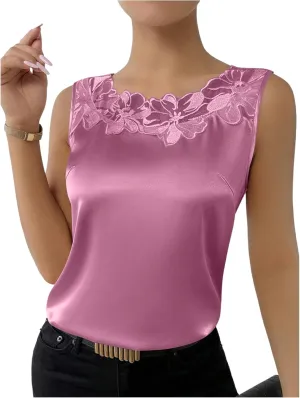 SweatyRocks Women's Satin Contrast Lace Crew Neck Sleeveless Blouse Appliques Summer Tank Tops