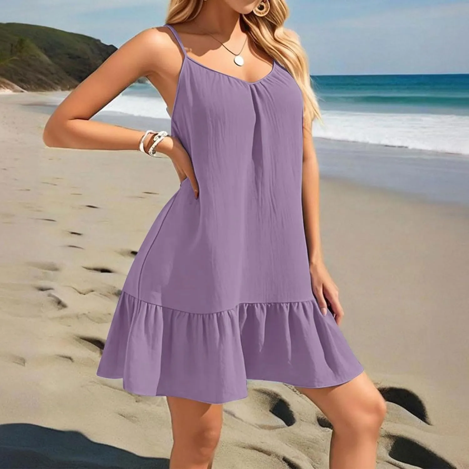 Swimsuit Coverup for Women Cute Summer Loose Spaghetti Strap Ruffle Mini Dress Casual Sexy Short Sundresses Cover-Ups