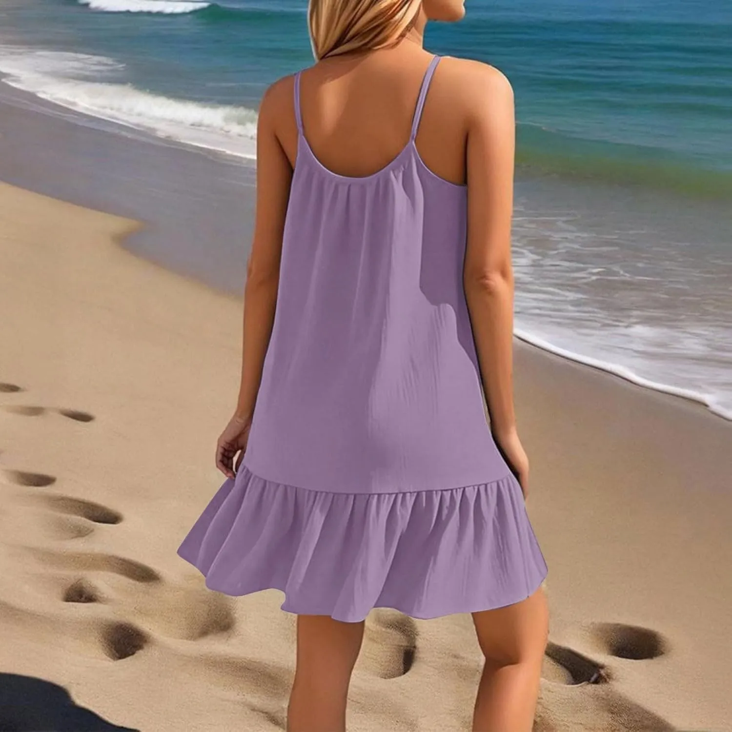 Swimsuit Coverup for Women Cute Summer Loose Spaghetti Strap Ruffle Mini Dress Casual Sexy Short Sundresses Cover-Ups