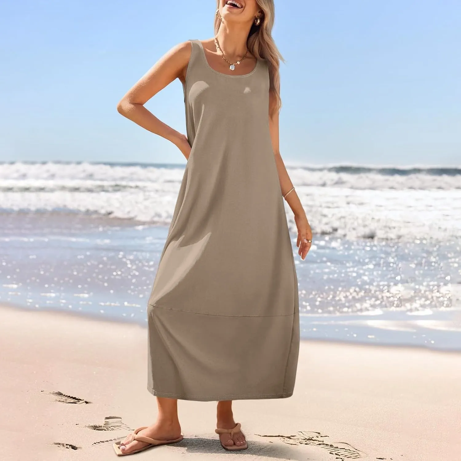 Tank Dress Casual Summer Boho Flowy Maxi Dresses with Pockets Cute Long Midi Sundresses for Beach Vacation Tunic Dress