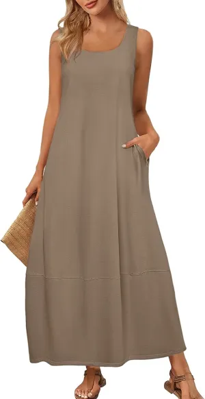 Tank Dress Casual Summer Boho Flowy Maxi Dresses with Pockets Cute Long Midi Sundresses for Beach Vacation Tunic Dress