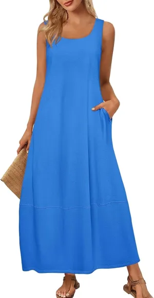 Tank Dress Casual Summer Boho Flowy Maxi Dresses with Pockets Cute Long Midi Sundresses for Beach Vacation Tunic Dress