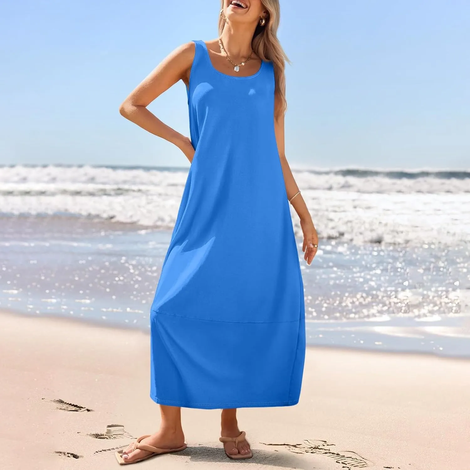 Tank Dress Casual Summer Boho Flowy Maxi Dresses with Pockets Cute Long Midi Sundresses for Beach Vacation Tunic Dress