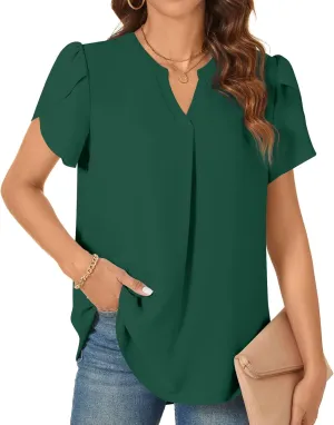 TAOHUADAO Womens Dressy Chiffon Blouses Summer Casual T-Shirts Petal Short Sleeve V Neck Tunic Tops for Leggings