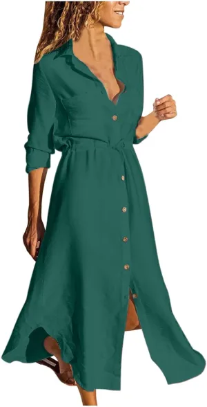TARIENDY Maxi Dress for Women,Women's Button Down Vacation Outfits Long Sleeve Dresses Plus Size Summer Shirt Sundresses