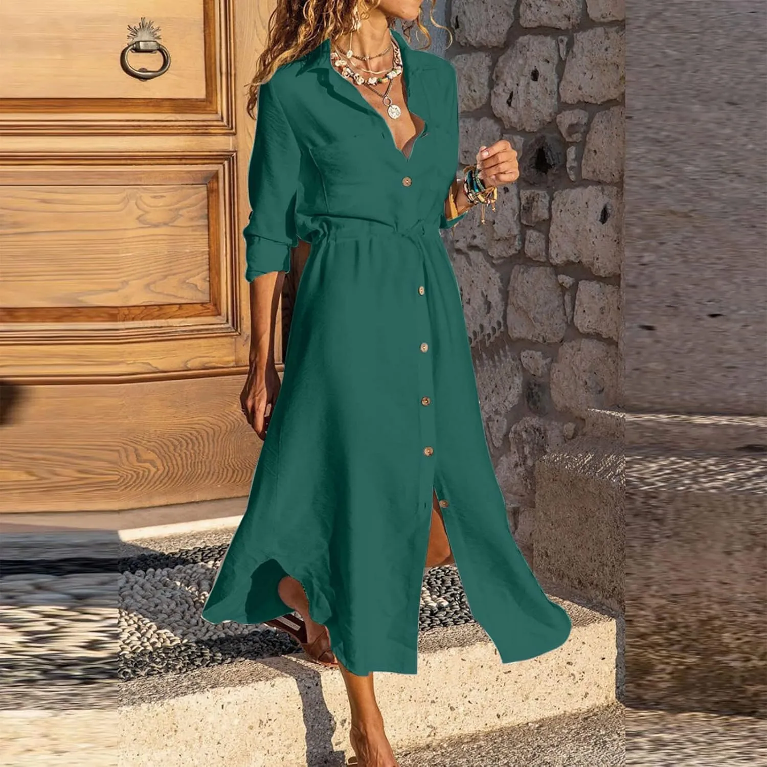 TARIENDY Maxi Dress for Women,Women's Button Down Vacation Outfits Long Sleeve Dresses Plus Size Summer Shirt Sundresses