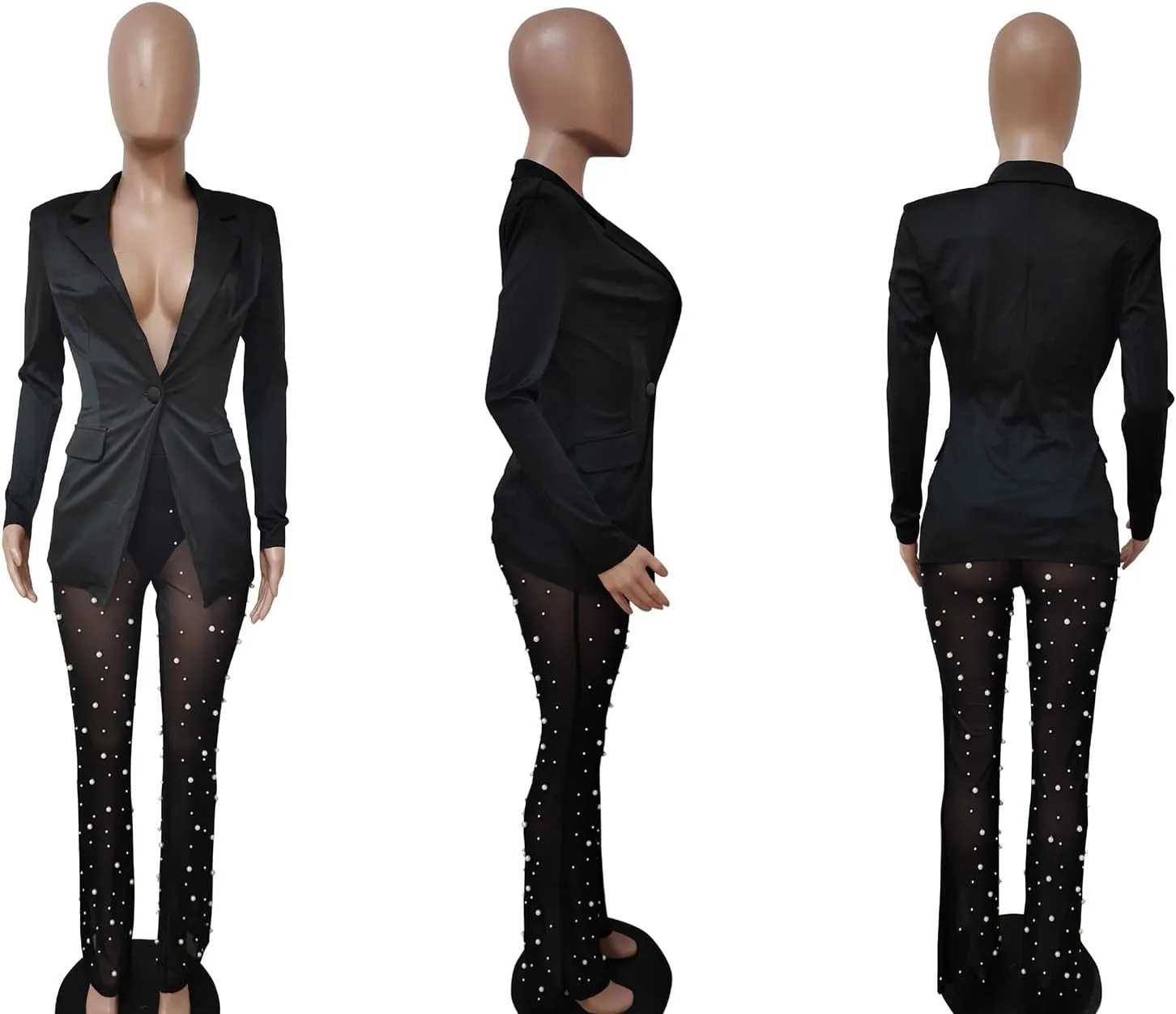 Tbahhir Sexy Blazers Suits for Women 2 Piece Outfits Long Sleeve Blazer and Mesh Sheer Pants Sets Clubwear Party