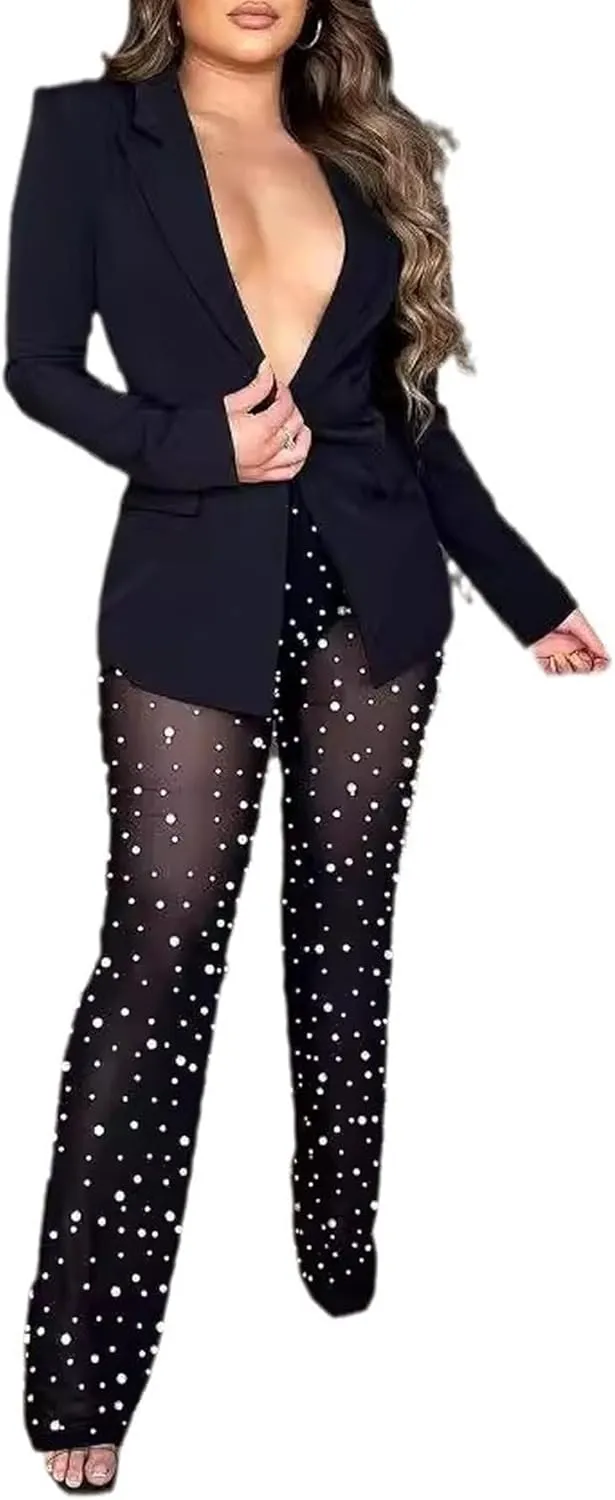 Tbahhir Sexy Blazers Suits for Women 2 Piece Outfits Long Sleeve Blazer and Mesh Sheer Pants Sets Clubwear Party