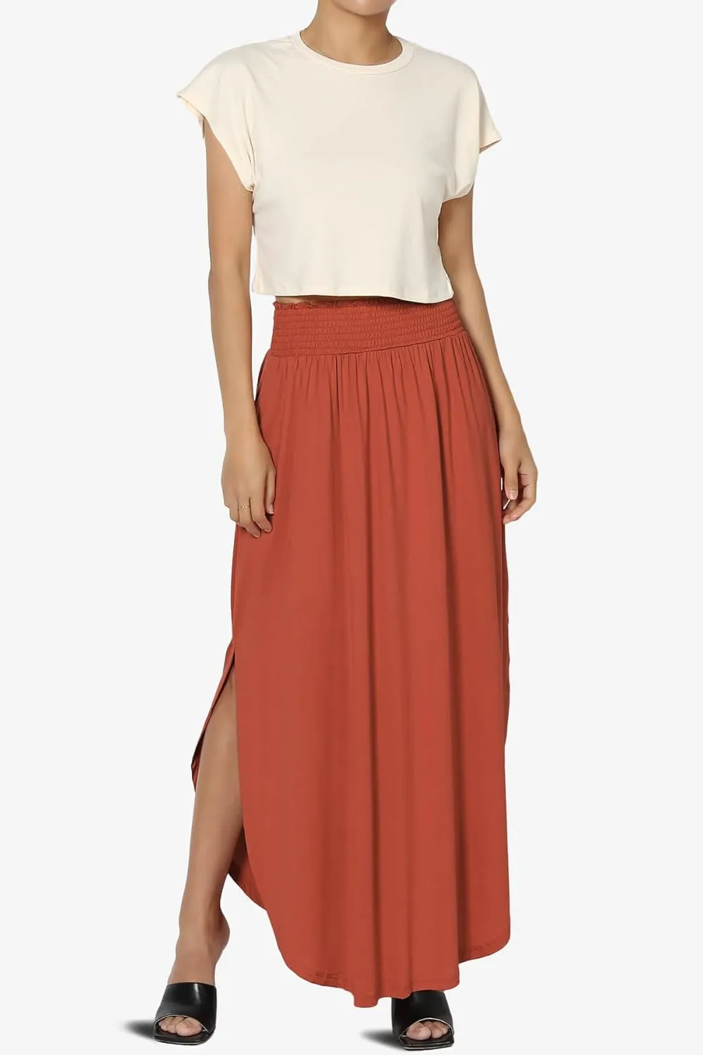 TheMogan Women's Smocked Waist Band Side Split Curved Hem Long Maxi Skirt with Pocket