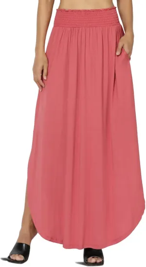 TheMogan Women's Smocked Waist Band Side Split Curved Hem Long Maxi Skirt with Pocket
