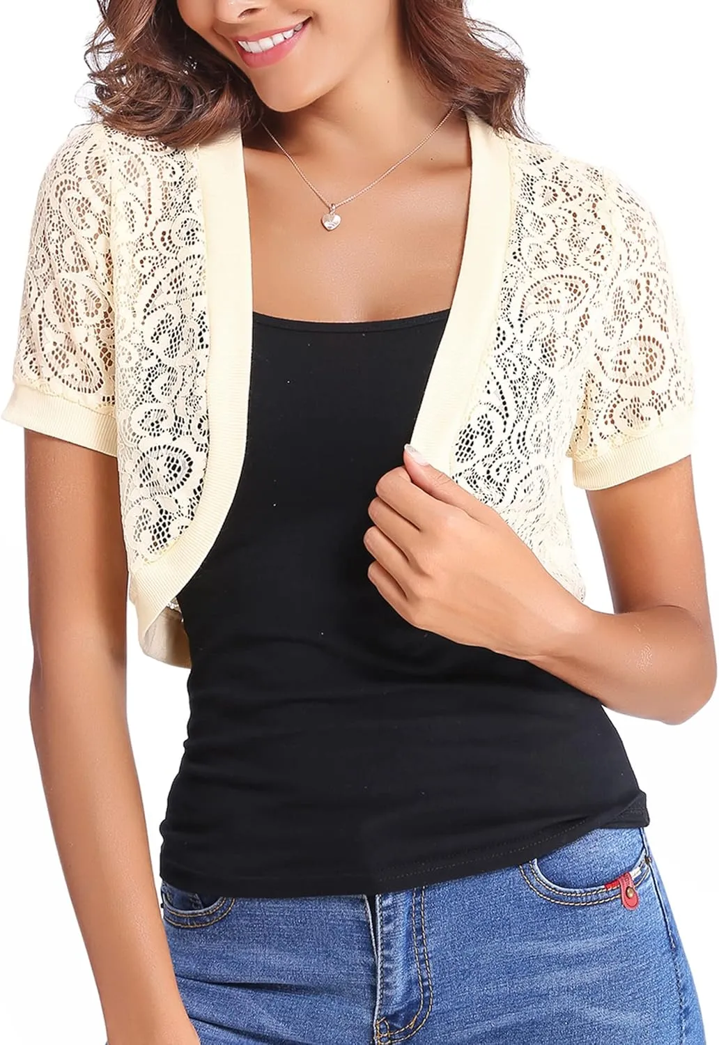 Totatuit Womens Short Bolero Shrugs for Dresses Open Front Short Sleeve Floral Lace Summer Sheer Cropped Cardigans