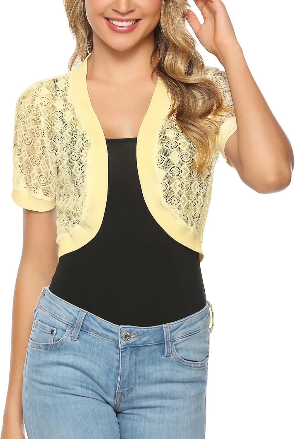 Totatuit Womens Short Bolero Shrugs for Dresses Open Front Short Sleeve Floral Lace Summer Sheer Cropped Cardigans