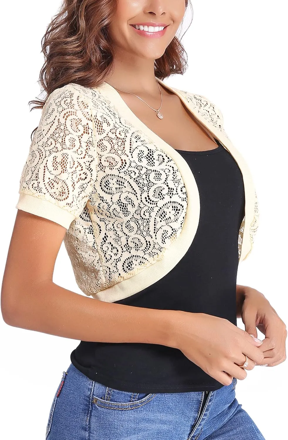 Totatuit Womens Short Bolero Shrugs for Dresses Open Front Short Sleeve Floral Lace Summer Sheer Cropped Cardigans